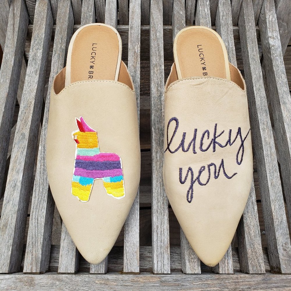 Lucky Brand Beige 'Lucky You' Embroidered Mule Flats